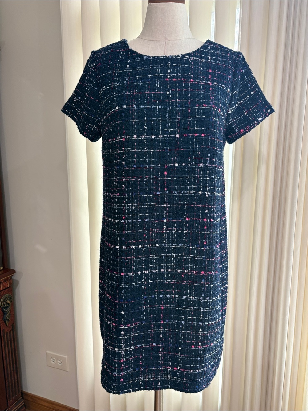 LOFT Navy Tweed textured boucle shift Dress with Pink Threading short sleeve 8